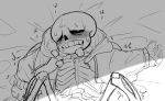 2022 2d animated_skeleton blush bottom_sans clothed digital_media_(artwork) drooling hooded_jacket hoodie implied_penetration implied_sex jacket japanese_text legs_apart logo_(pixiv_id_30462562) monochrome monster monster_boy on_back one_eye_closed sans sans_(undertale) skeleton solo_focus spread_legs submissive sweat text uke_sans undead undertale undertale_(series) visible_breath