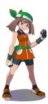  1girl alternate_costume arm arms babe bag bandanna bare_legs bare_shoulders bike_shorts black_socks blue_eyes brown_hair clenched_hand creatures_(company) game_freak gloves hair haruka_(pokemon) haruka_(pokemon_emerald) hat headgear holding holding_poke_ball humans_of_pokemon legs may_(pokemon) neck nintendo poke_ball pokemon pokemon_(anime) pokemon_(game) pokemon_diamond_pearl_&amp;_platinum pokemon_dppt pokemon_rse ryunryun shadow shirt shoes short_hair shorts simple_background sleeveless sleeveless_shirt smile sneakers socks standing white_background 