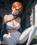 1girl aged_up ai_generated ben_10 bra breasts cartoon_network cleavage crop_top ginger_hair green_eyes gwen_tennyson hair_clips leggings long_gloves looking_at_viewer orange_hair patreon redhead short_hair skizzen spread_legs stable_diffusion white_bra white_legwear white_topwear