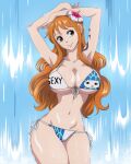 1girl alluring big_breasts bikini breasts cleavage curvy female_only flower flower_in_hair long_hair nami nami_(one_piece) one_piece one_piece_film_gold orange_hair rozuberry shoulder_tattoo smile tattoo waterfall wide_hips