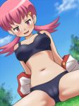 akane_(pokemon) awa black_bra black_panties bra breasts cameltoe gym_leader lingerie nipples panties pink_hair pokemon underwear undressing