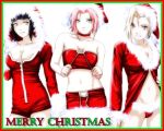  2005 3_girls 3girls ass bangs bare_shoulders black_hair blonde_hair blue_eyes blue_hair blunt_bangs breasts choker christmas cleavage collarbone female female_only fur green_eyes hat hinata_hyuuga hood ino_yamanaka jadeedge jon_kneeland large_breasts lineup long_hair looking_at_viewer lowres midriff miniskirt multiple_girls naruto navel non-nude panties pencil_skirt pink_hair sakura_haruno santa_costume santa_hat short_hair signature simple_background skirt smile standing strapless tubetop underwear white_eyes 