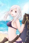 1girl alluring beach bikini blue_sky fire_emblem hiraura nintendo ocean open_coat purple_eyes robin_(fire_emblem) robin_(fire_emblem)_(female) white_hair