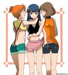 3girls arm arm_around_waist armpits arms arms_around_neck art ass ass_grab babe back bare_back bare_legs bare_shoulders belly bike_shorts blue_eyes blue_hair blush brown_hair butt_crack camisole collared_shirt dawn denim denim_shorts dress dress_lift dress_up eye_contact female friends group_hug hair hair_ornament hand_in_shorts hand_under_clothes haruka_(pokemon) haruka_(pokemon_emerald) highres hikari_(pokemon) hug hugging kakkii kasumi_(pokemon) legs long_hair looking_at_another love may midriff misty multiple_girls mutual_yuri naughty_face navel neck nintendo open_mouth orange_hair pokemon pokemon_(anime) pokemon_(game) pokemon_dppt pokemon_firered_and_leafgreen pokemon_frlg pokemon_rgby pokemon_rse shirt_lift shirt_up short_dress short_hair short_shorts shorts side_ponytail skirt skirt_lift sleeveless sleeveless_dress sleeveless_shirt smile standing suspenders threesome yuri