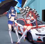  2girls alluring blue_eyes blue_hair boots breasts car checkered_flag cleavage commission cropped_jacket elbow_gloves female_only fire_emblem fire_emblem_awakening flag gloves headset high_res holding holding_flag holding_umbrella hooters igni_tion long_hair looking_at_viewer lucina lucina_(fire_emblem) motor_vehicle multiple_girls multiple_straps nascar nintendo parasol race_queen race_vehicle racecar racetrack red_eyes red_hair severa_(fire_emblem) sitting_on_car skirt stockings umbrella 