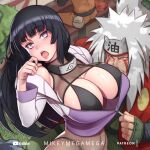  1girl 2boys assisted_exposure big_breasts black_headband blue_hair breasts cleavage dark_blue_hair fair-skinned_female fair_skin headband hinata_hyuuga huge_breasts imminent_rape jiraiya_(naruto) lavender_eyes mikeymegamega multiple_boys naruto naruto_(series) naruto_shippuden naruto_shippuuden naruto_uzumaki ninja_headband ntr old_man pupilless_eyes rape_face smile unzipped unzipping white_eyes 