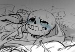  2022 2d animated_skeleton blue_blush blush bottom_sans clothed crying digital_media_(artwork) hooded_jacket hoodie implied_penetration implied_sex jacket logo_(pixiv_id_30462562) monochrome monster monster_boy partially_clothed partially_nude sans sans_(undertale) skeleton solo solo_focus submissive tears trembling uke_sans undead undertale undertale_(series) 