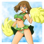  1girl :d alternate_costume arm armpits arms babe bare_legs bare_shoulders big_breasts blue_eyes blush breasts brown_hair cheerleader creatures_(company) erect_nipples female female_only game_freak haruka_(pokemon) humans_of_pokemon legs looking_at_viewer may_(pokemon) midriff navel neck nintendo open_mouth panties pantyshot pantyshot_(standing) pokemon pokemon_(anime) pokemon_(game) pokemon_diamond_pearl_&amp;_platinum pokemon_dppt pokemon_rse pom_poms short_hair skirt skirt_lift sleeveless smile solo_female standing striped striped_panties tsumitani_daisuke tsumityan_honpo underboob underwear v-neck wind_lift 