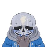 2022 2d 2d_(artwork) animated_skeleton anon blue_blush blue_hoodie blue_jacket blue_tongue blush bottom_sans clothed cum_on_face digital_media_(artwork) drooling hand hooded_jacket hoodie jacket logo_(pixiv_id_30462562) looking_down monster monster_boy pixiv pov sans sans_(undertale) simple_background skeleton solo_focus submissive sweat tongue tongue_grab tongue_out uke_sans undead undertale undertale_(series) unseen_character upper_body video_game_character video_games white_background yaoi