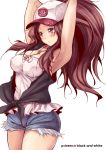 armpits arms_behind_head arms_up blue_eyes blush breasts brown_hair cleavage cutoffs denim denim_shorts erect_nipples face fukai_ryosuke fukai_ryousuke hat large_breasts long_hair pokemon pokemon_(game) pokemon_black_and_white pokemon_bw ponytail shirt shorts simple_background solo taut_clothes taut_shirt touko_(pokemon) white_background