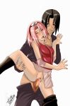  1boy 1girl arm_warmers artist_name bad_anatomy bare_shoulders black_boots black_hair blush boots clothed_sex erection finger_in_mouth green_eyes half-closed_eyes headband headdress highres itachi_uchiha knee_boots konohagakure_symbol leg_lift looking_at_viewer miniskirt naruto naruto_shippuuden one_eye_closed open_mouth pants pants_pull parted_lips penis pink_hair pink_skirt pussy rape red_eyes red_shirt sakura_haruno saliva sex shirt short_hair skirt sleeveless sleeveless_shirt smile spread_legs squirm squirming tabe tabe-chan tabe_(artist) uncensored vaginal veins veiny_penis zipper 