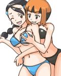 2girls arm arms art artist_request babe bare_legs bare_shoulders bikini black_bikini black_hair black_swimsuit blue_bikini blue_swimsuit blush breast_grab breast_press breasts brown_eyes candice candice_(pokemon) clenched_teeth collarbone female from_behind gardenia gym_leader hair hair_ornament halterneck happy leaning leaning_forward legs long_hair low_twintails midriff multiple_girls natane_(pokemon) navel neck nintendo orange_hair pokemon pokemon_(anime) pokemon_(game) pokemon_dppt shiny shiny_hair short_hair simple_background smile standing strapless strapless_bikini strapless_swimsuit suzuna_(pokemon) swimsuit teeth tubetop two-tone_hair white_background wince yuri