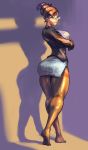 1girl arched_back brown_hair chun-li cutesexyrobutts earrings erect_nipples glasses office_lady pencil_skirt shiny shiny_clothes skirt standing stockings street_fighter thick_thighs thighs tied_hair wide_hips