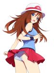 1girl ass blue_(pokemon) blush brown_eyes brown_hair cowboy_shot hat hirosuke hirosuke_(psychexx) leaf_(pokemon) long_hair miniskirt panties pantyshot pokemon pokemon_(game) pokemon_firered_and_leafgreen pokemon_frlg pokemon_rgby pokemon_special simple_background skirt solo striped striped_panties tank_top underwear up_skirt upskirt white_background