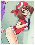  1boy 1girl after_sex aftersex against_the_wall against_wall ass bandana bandanna blue_eyes blush bottomless brown_hair bukkake censored cum cum_on_ass cum_on_body cum_on_lower_body dithering drew drew_(pokemon) ejaculation gloves haruka_(pokemon) hetero konpeto lala-kun lowres may nintendo oekaki penis pokemon pokemon_(anime) pokemon_rse sex shuu_(pokemon) wall white_border 