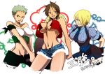  3girls armband bad_id bikini bikini_top blonde_hair blue_eyes breasts brown_eyes brown_hair denim denim_shorts dorina earrings female female_only genderswap genderswap_(mtf) green_eyes green_hair hair_over_one_eye haramaki hat hot_pants huge_breasts japanese_text jewelry large_breasts luffyko midriff monkey_d._luffy multiple_girls navel necktie one_piece open_clothes open_mouth open_shirt revealing_clothes roronoa_zoro rule_63 sanji scar shirt short_hair short_shorts shorts spiked_hair straw_hat swimsuit text thighhighs undone unzipped v_arms 