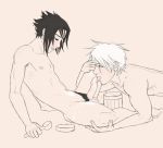 blush erection hatake_kakashi ice_cream kakashi_hatake legs_held_open licking monochrome naruto nude oral penis pubic_hair sasuke_uchiha spread_legs testicles uncensored yaoi