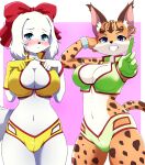  2_girls alluring anthro big_breasts blue_eyes cleavage dog fay_spaniel lynx miyu_lynx nintendo short_shorts sports_bra star_fox star_fox_2 zekky_monz 