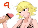  1boy 1girl ? blonde_hair brown_eyes erection handjob hetero marguerite one_piece penis solo_focus 