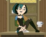 1futa 1girl black_eyes boots breasts dyed_hair futanari goth green_hair gwen_(tdi) looking_down makeup masturbation penis short_hair smile tjlive5 total_drama_island