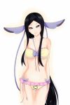  1girl anthro anthrofied bare_shoulders bikini black_hair blue_eyes bow breasts cleavage frilled_bikini frills gym_leader hair_ornament highvoltage joltik_(artist) long_hair mache_(pokemon) navel nintendo pokemon pokemon_(game) pokemon_xy ribbon smile solo swimsuit very_long_hair 