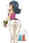 1girl alternate_costume angry ass black_hair camisole erect_nipples flipped_hair from_behind gym_leader leaning_forward looking_back natsume_(pokemon) pants pantylines poke_ball pokemon pokemon_(game) pokemon_gsc pokemon_hgss purple_eyes quagsire slugma sweat tagane thigh_gap thighs tight tight_pants