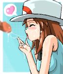 1girl bare_shoulders blue_(pokemon) blue_eyes blue_shirt blush brown_eyes brown_hair censored closed_eyes creatures_(company) cum cum_in_mouth cum_on_tongue cum_string disembodied_penis doubleasterisk facial fellatio female_protagonist_(pokemon_rgby) game_freak hair hand_up hat headgear heart humans_of_pokemon konpeto leaf_(pokemon) long_hair lowres nintendo oekaki open_mouth oral penis pokemon pokemon_(game) pokemon_red_green_blue_&_yellow pokemon_rgby porkyman shirt sleeveless sleeveless_shirt solo tongue tongue_out upper_body video_game_character white_border