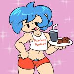 aqua_hair big_thighs boyfriend_(friday_night_funkin) femboy femboyfriend_(fnf) food friday_night_funkin hooters hooters_uniform naughty_face orange_shorts pink_background pubic_hair white_shirt