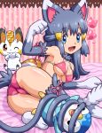  1girl animal_ears ass bed_sheet bikini blue_eyes blue_hair breasts cat_ears cat_tail cosplay covered_nipples dawn_(pokemon) elbow_gloves erect_nipples glameow glameow_(cosplay) gloves hair_ornament heart hikari_(pokemon) humans_of_pokemon looking_at_viewer lying meowth meowth_(cosplay) multicolored_background on_side pachirisu panties paw_gloves paw_pose pink_bikini pink_panties pink_ribbon pink_swimsuit piplup pokemoa pokemon pokemon_(anime) pokemon_(species) polka_dot polka_dot_background ribbon smile soara solo striped striped_background swimsuit tail thighhighs thighs underwear vertical-striped_background vertical_stripes 