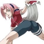 :p bent_over bike_shorts cameltoe haruyama looking_back lowres naruto pink_hair sakura_haruno spandex thighs tongue