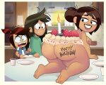  3girls ass big_ass birthday butt candle dark-skinned_female dark_skin disney disney_channel drooling female female_focus female_only food frosting group happy_birthday highres indoors kitchen libby_stein-torres marcomarkuss94 molly_mcgee mother on_knees plate sharon_mcgee smile strawberry table the_ghost_and_molly_mcgee 