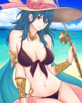  1girl 1girl 1girl absurd_res alluring alternate_costume bangs beach bikini black_bikini black_swimsuit blue_eyes breasts byleth_(female) byleth_(fire_emblem) byleth_(fire_emblem)_(female) cleavage commentary female_only fire_emblem fire_emblem:_three_houses hat high_res long_hair looking_at_viewer medium_breasts medium_hair navel nintendo ocean simple_background smile swimsuit teal_hair truejekart weapon 