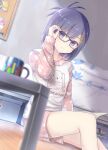  1girl adjusting_eyewear alternate_costume animal_print bed bedroom blush coffee_mug cup female_only floral_print gabriel_dropout gabriel_tenma_white glasses hair_ornament hairclip high_res indoors knee_up medium_hair mug on_floor photo_(object) purple_eyes purple_hair rabbit_print satanichia_kurumizawa_mcdowell sitting sleepwear smile solo_female table tenma-gav vignette_tsukinose_april x_hair_ornament 