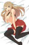  1girl blush breasts brown_hair egooo highres long_hair nintendo nipples pokemon pokemon_(game) pokemon_xy serena_(pokemon) skirt solo thighhighs 