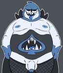  1boy anthro balls belly big_belly blue_nipples blue_tongue bodily_fluids bottomwear clothed clothing darkner deltarune deltarune_chapter_1 fishnet_legwear fishnet_stockings fishnet_thighhighs flaccid genitals grey_background high_res hood humanoid king_spade male male/male male_only mature_anthro mature_male monster moobs nipples overweight overweight_male partially_clothed penis simple_background slightly_chubby smut_leo solid_color_background solo solo_male sweat tongue_out undertale_(series) video_games white_body 