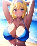 1girl alice_schuberg alluring beach big_breasts bikini blonde_hair blue_eyes blue_sky cleavage joker_(artist) ocean posing sword_art_online