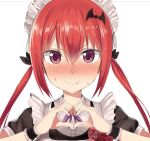  1girl bat_hair_ornament black_ribbon blush closed_mouth commentary_request fang gabriel_dropout greatmosu hair_ornament heart heart_hands looking_at_viewer maid maid_headdress red_eyes red_hair ribbon satanichia_kurumizawa_mcdowell sfw smile sweat twin_tails v-shaped_eyebrows white_background 