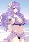 1girl absurd_res alluring arms_behind_back big_breasts bikini breasts camilla_(fire_emblem) camilla_(summer)_(fire_emblem) collarbone fire_emblem fire_emblem_fates fire_emblem_heroes flower hair_flower hair_ornament hair_over_one_eye high_res long_hair looking_at_viewer n_54 navel nintendo official_alternate_costume purple_bikini purple_eyes purple_hair sarong see-through see-through_sarong smile swimsuit wavy_hair