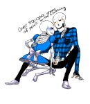  2010s 2018 2boys 2d 2d_(artwork) alternate_clothing alternate_costume animated_skeleton blue_blush blue_clothes blue_clothing blue_dress blue_shirt blush bottom_sans bottomless bottomless_skirt brother/brother brothers clothed crossdressing digital_media_(artwork) duo english_text fontcest ganzooky gay kneel male male/male monster nsfwsinningsans orange_blush papyrus papyrus_(undertale) papysans sans sans_(undertale) seme_papyrus simple_background sitting skeleton socks text top_papyrus uke_sans undead undertale undertale_(series) unzipped unzipped_pants video_game_character video_games white_background yaoi 