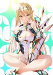  1girl absurd_res aegis_sword_(xenoblade) alluring bare_legs bare_shoulders big_breasts blonde_hair cleavage cleavage_cutout clothing_cutout daive dress earrings elbow_gloves gloves headpiece high_res jewelry long_hair mythra_(xenoblade) short_dress swept_bangs thigh_strap tiara very_long_hair white_dress white_footwear white_gloves xenoblade_(series) xenoblade_chronicles_2 yellow_eyes 