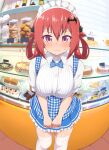  1girl bat_hair_ornament big_breasts blurry blurry_background blush breasts cake closed_mouth cookie depth_of_field embarrassed fang fang_out fisheye food gabriel_dropout hair_ornament hair_rings high_res indoors kobeya_uniform long_hair maid_headdress nyaroon photo_background pie plaid purple_eyes red_hair satanichia_kurumizawa_mcdowell sfw skin_fang skirt standing stockings sweatdrop thighs white_thighhighs 