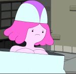 1girl adventure_time animated bare_shoulders big_breasts bouncing_breasts breasts cartoon_network cleavage cleavage_overflow edit edited edited_screencap gif huge_breasts pink_hair pink_skin princess princess_bubblegum screencap screenshot screenshot_edit short_hair sloshing_breasts walking yetig