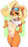 1girl activision anthro areola bandicoot blonde_hair bottomless breasts clothed clothing coco_bandicoot countershade_face countershade_torso countershading crash_(series) crash_bandicoot_(series) eyewear eyewear_on_head fur furry genitals goggles goggles_on_head green_eyes hair hairless_pussy long_hair looking_at_viewer mammal marsupial medium_breasts multicolored_body multicolored_face multicolored_skin navel nipple_pinch nipple_pull nipple_tweak nipples no_panties orange_body orange_fur orange_skin outie_navel partially_clothed ponytail pussy sexy sexy_body sexy_breasts shirt shirt_up slugbox smile smiling_at_viewer sweat tan_body tan_countershading tan_skin thick_thighs thighs two_tone_body two_tone_face two_tone_skin white_clothing white_shirt