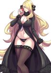 1girl 1girl alluring big_breasts black_coat black_panties blonde_hair breasts brown_thighhighs clash_kuro_neko cleavage coat commentary_request creatures_(company) cynthia cynthia_(pokemon) fur-trimmed_sleeves fur_collar fur_trim game_freak grey_eyes hair_ornament hair_over_one_eye hand_up high_res holding holding_poke_ball long_hair navel nintendo open_mouth panties poke_ball poke_ball_(basic) pokemon pokemon_(game) pokemon_dppt shirona_(pokemon) stockings stomach underwear very_long_hair wide_hips