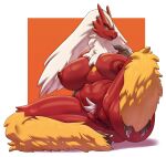 1girl avian big_ass big_breasts blaziken cute female female_only hb-viper pokemon posing pubic_hair red_skin solo solo_female spread_legs white_hair yellow_legs