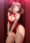 1girl alluring big_breasts blue_eyes blush brown_hair bunny_ears bunny_girl cleavage fishnet_armwear fishnet_legwear frilly_clothing haruka_(pokemon) may may_(pokemon) nintendo pokemon pokemon_rse pokemon_rse_(anime) red_bunny_ears red_corset zel-sama