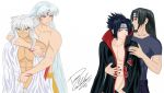  4boys akatsuki_(naruto) animal_ears artist_signature black_hair brother_and_brother brothers cloak crossover demon dog_ears heyohwhoa incest inuyasha inuyasha_(character) itachi_uchiha jewelry long_hair male male/male male_only multiple_boys muscle nail_polish naruto naruto_shippuden necklace pubic_hair sasuke_uchiha sesshomaru siblings signature silver_hair topless topless_male white_background white_hair yaoi 