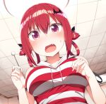  1girl 1girl :o bare_arms bare_shoulders bat_hair_ornament big_breasts black_ribbon blush breasts casual ceiling ceiling_light check_commentary collarbone commentary commentary_request dutch_angle fang from_below gabriel_dropout greatmosu hair_between_eyes hair_ornament hair_ribbon hair_rings high_res holding hood hoodie indoors lap_pov looking_at_viewer looking_down mimikaki open_mouth purple_eyes red_hair ribbon satanichia_kurumizawa_mcdowell shirt sleeveless sleeveless_shirt strap_slip striped striped_shirt sweat sweatdrop tile_ceiling tiles upper_body v-shaped_eyebrows 