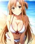 1girl alluring asuna_(sao) auburn_hair beach big_breasts bikini blue_sky brown_eyes cleavage joker_(artist) ocean sword_art_online