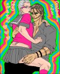  2boys ass ass_grab brown_hair crossdress crossdressing eyes glasses green hand_on_ass hidan kakuzu kneehighs male_focus multiple_boys naruto naruto_shippuuden open_clothes open_shirt pink_eyes scar school_uniform shirt silver_hair stitches tsun tsun_(nidoro) yaoi 